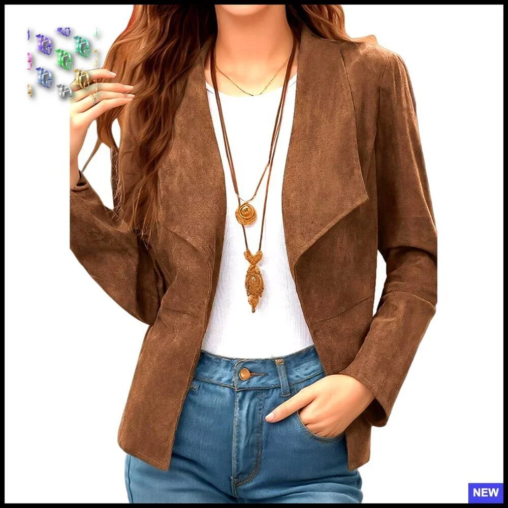Faux Suede Blazer Cropped Jacket Lapel Collar Long Sleeve Vintage Elegant